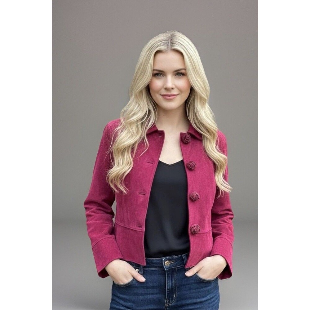 VTG Boston Proper size 14 pink suede leather rosette accent jacket Y2K coquette